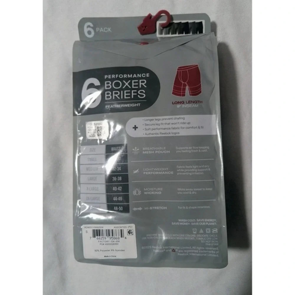 Reebok Mens Small 6 Pack Performance Boxer Briefs 9 Inseam Long Featherweight